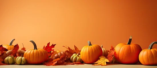 A fall scene with pumpkins and colorful leaves on an orange background providing copy space for images © HN Works