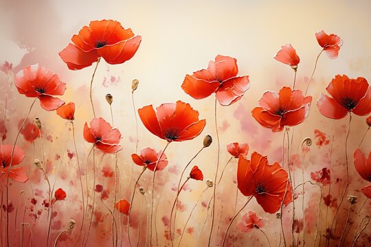 Delicate poppies swaying in a gentle breeze, a field of red and green, poignant and serene