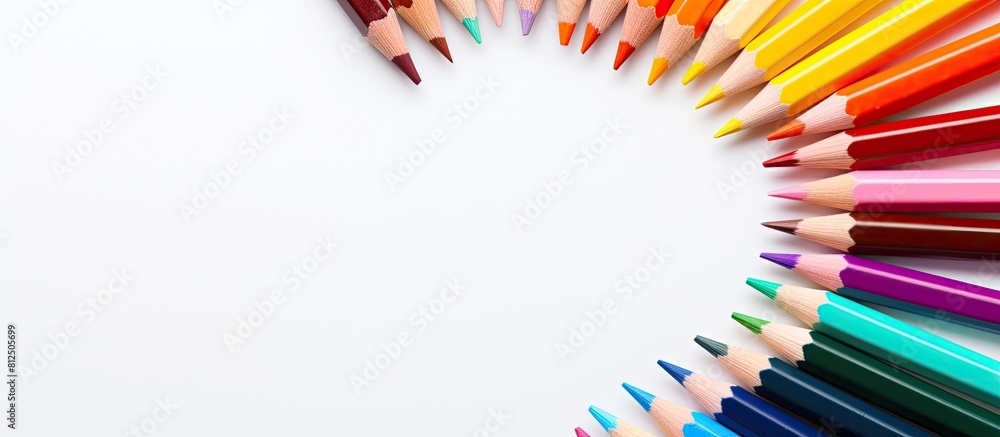 Aufkleber a semicircle arrangement of colored watercolor pencils on a white background perfect for adding text