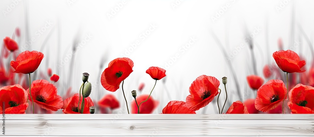 Poster a serene composition of red poppy flowers arranged on top of a weathered white wooden table creating