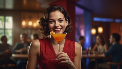 woman drinking cocktail in bar Celebrating with Cocktails Joyful Woman in Restaurant  - Powered by Adobe