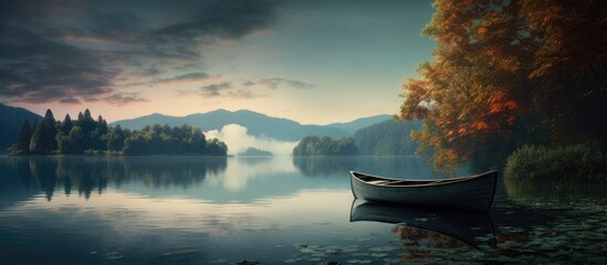 A serene lake scene featuring an ancient rowboat providing ample copy space for an exquisite image