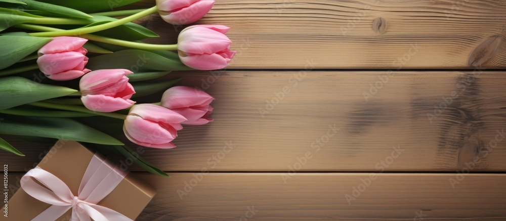 Aufkleber a light wooden background serves as the perfect canvas for an arrangement of tulip flowers cards and