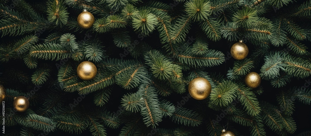 Aufkleber spruce tree with christmas decorations serving as a background for design and texture in a copy spac