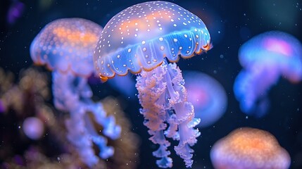 Obraz premium A cluster of jellyfish gliding above a vibrant blue-purple seafloor, accompanied by other jellyfish