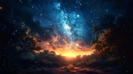 Naklejka premium Starlit sky visible through a clearing in an enchanted forest