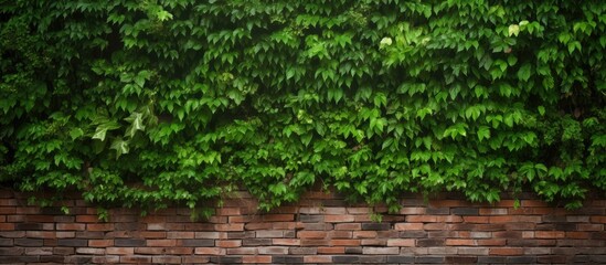 A brick wall serves as the background for a charming display of lush green plants offering copy space for additional elements
