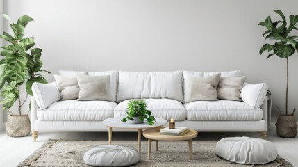 A white couch with pillows and a potted plant sits in front of a white wall