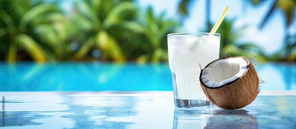 Poster A tropical setting with a refreshing glass of coconut juice and a straw perfect by the pool for relaxation and enjoyment copy space image