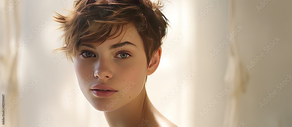 Poster a young model with short hair is captured in a portrait providing ample copy space for an image