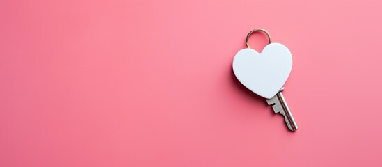 A heart shaped keychain with a key ring is placed on a colored background representing real estate and moving home or renting property The keychain serves as a mock up providing copy space for advert