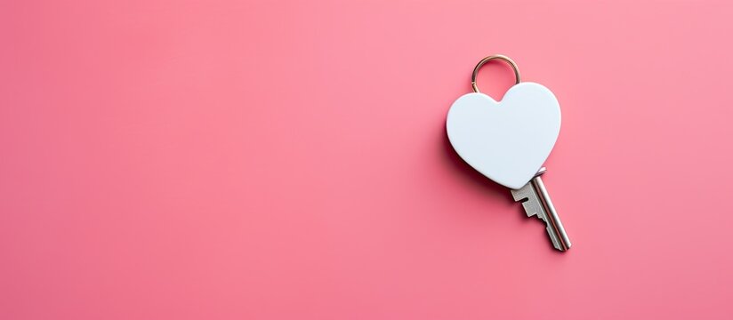 A heart shaped keychain with a key ring is placed on a colored background representing real estate and moving home or renting property The keychain serves as a mock up providing copy space for advert