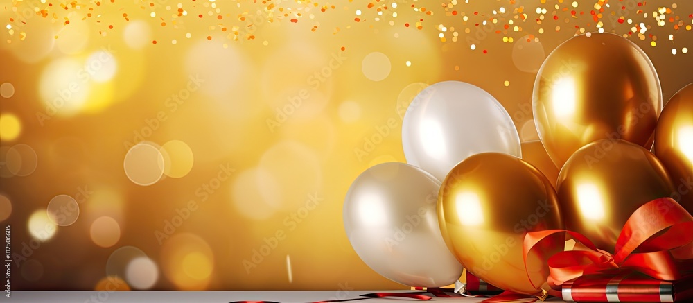Poster a festive banner showcasing gold serpentine colorful balloons with confetti set against a shiny boke