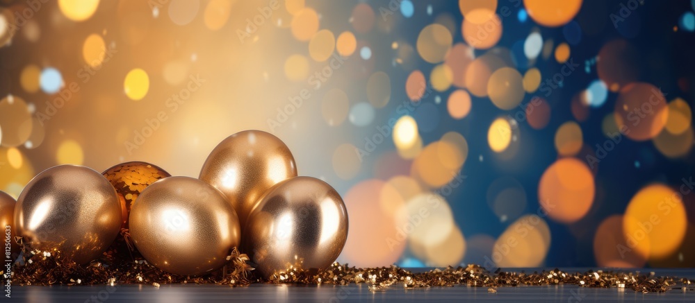 Poster a festive banner showcasing gold serpentine colorful balloons with confetti set against a shiny boke