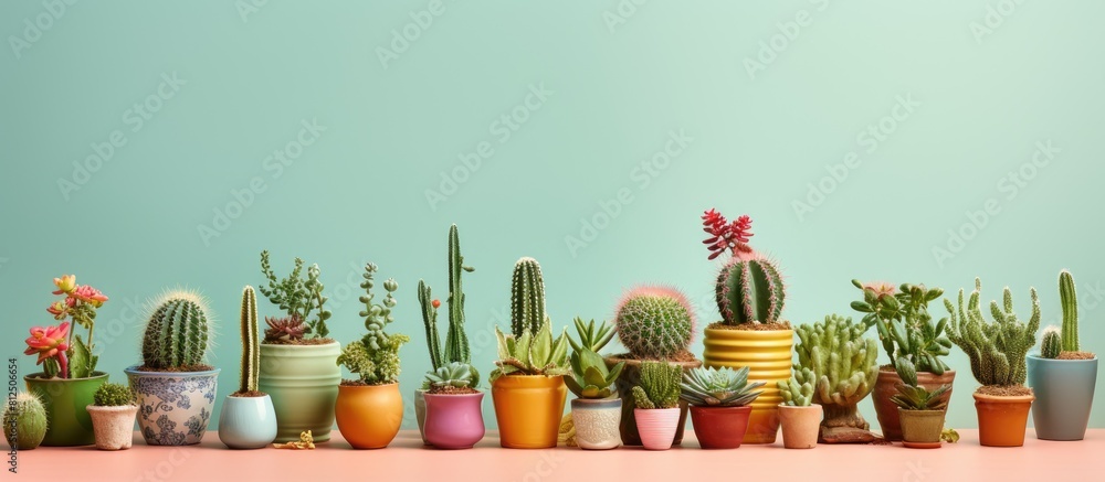 Poster Table showcasing a variety of stunning cacti in pots offering a captivating copy space image