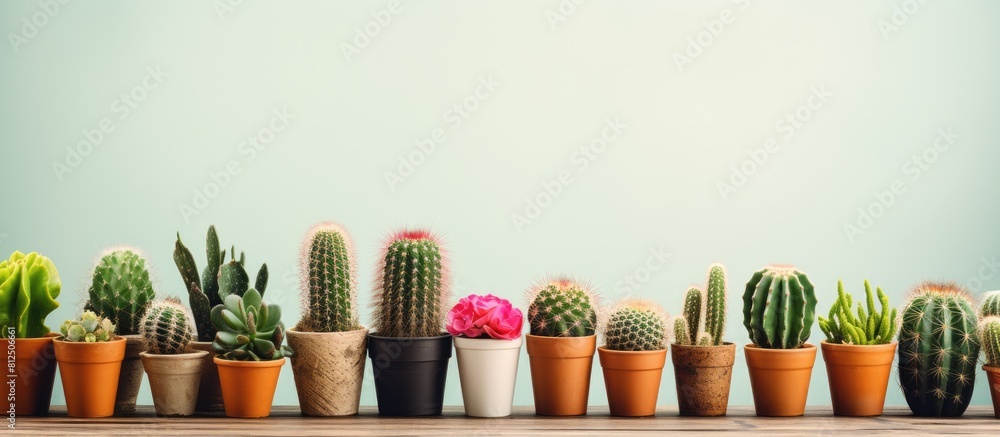 Poster table showcasing a variety of stunning cacti in pots offering a captivating copy space image
