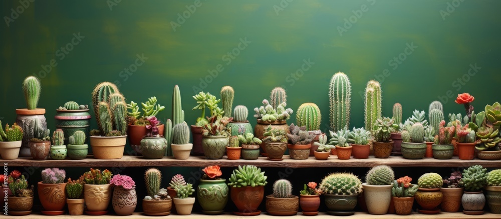 Poster table showcasing a variety of stunning cacti in pots offering a captivating copy space image