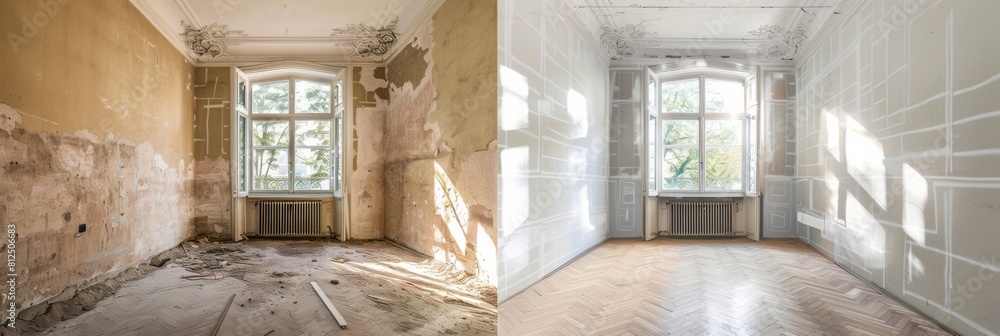 Leinwandbilder Transformation of a room through renovation and remodeling, showcasing a visual journey from the old to the new with upgraded design elements. Generative AI