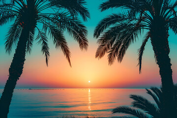 View of silhouette palm trees against blue sky during sunset