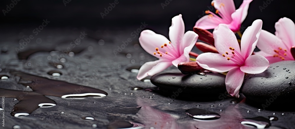 Poster A side composition of elegant pink spa flowers placed on top of spa hot stones with a wet background The image features a dark background and copy space