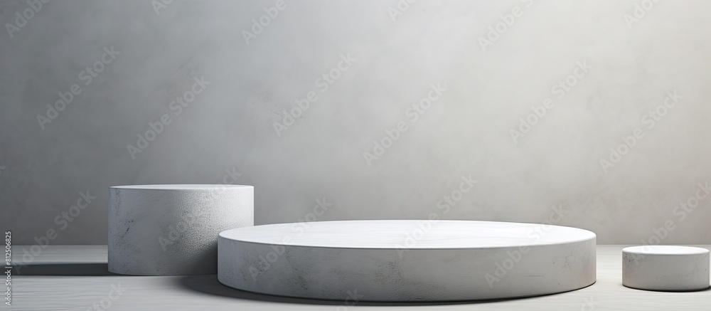 Poster A side view of white table with gray concrete circle shaped pedestals offering copy space for a stunning image It serves as a stone platform and an abstract geometric pedestal with a design perfect f