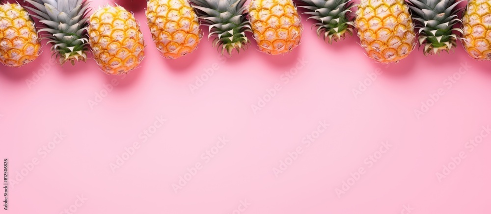 Aufkleber A flat lay top view shows a pattern of sliced pineapples on a pink background in the copy space image