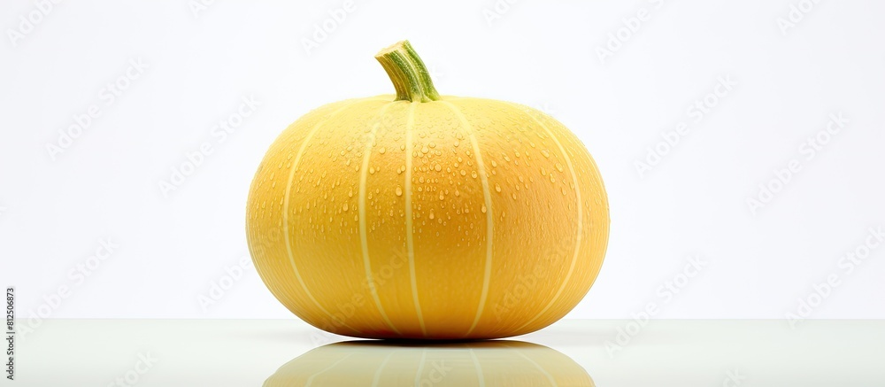 Poster A single Galia Melon Charentais positioned alone and reflected on a pristine white background creating a copy space image