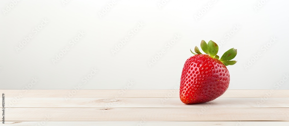 Poster a single red fresh strawberry is placed on a white wooden surface in the copy space image