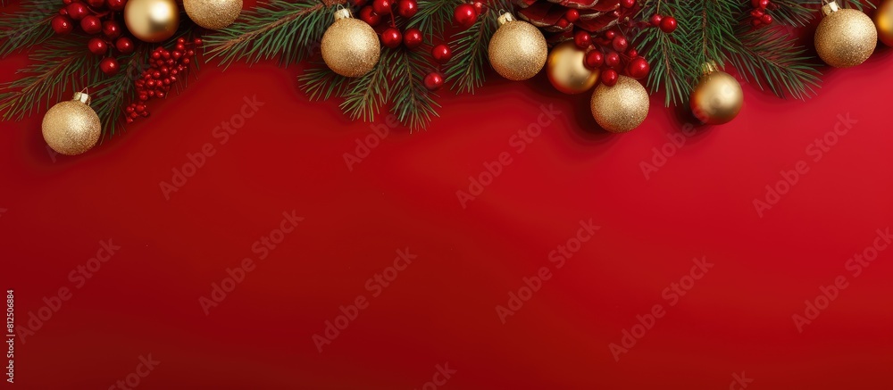 Poster simple composition of golden fir branches and christmas toys against a red background perfect for ch