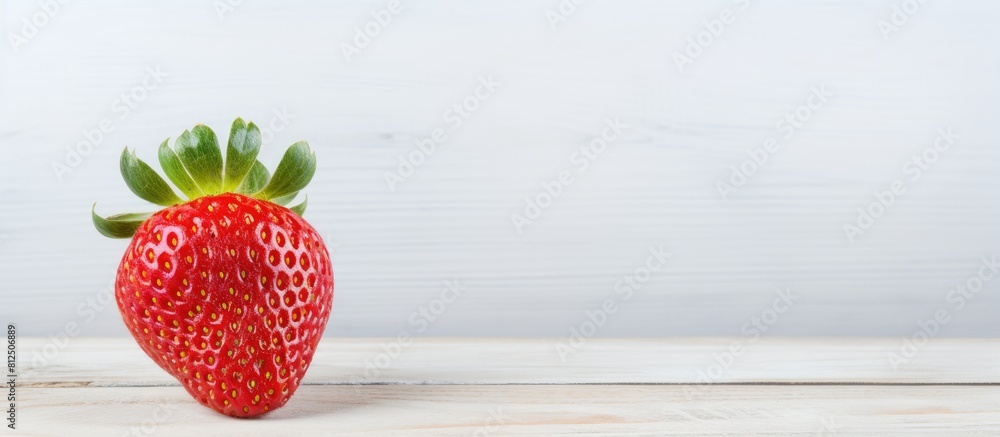 Poster a single red fresh strawberry is placed on a white wooden surface in the copy space image