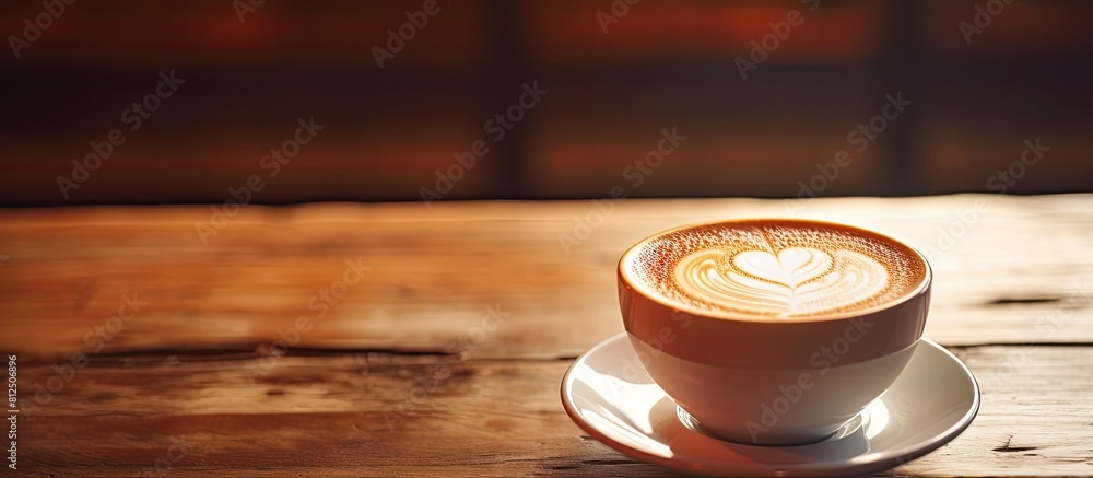 Poster a latte coffee sits on a wooden table with a copy space image available