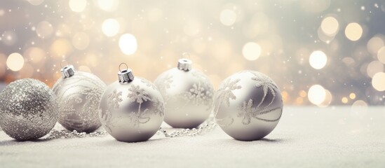 Silver baubles adorned with Christmas tree decorations creating a festive ambiance Copy space image