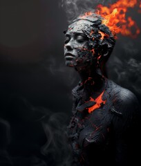 Portrait of a fictional woman. A mixture of lava and man. Double exposure. Abstract image of a woman. Passion and strength.