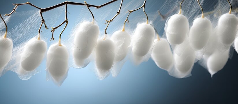 White silkworm cocoons are used to produce silk thread and silk fabric as shown in the copy space image