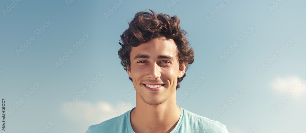 Poster Young man smiling in a portrait with a copy space background