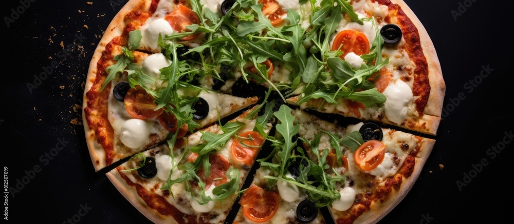 Aufkleber A top view of a sliced pizza on a black background topped with mozzarella four cheese olives and arugula with copy space for a restaurant menu image