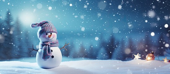 Snowman on a Christmas and New Year holiday background with ample copy space for images