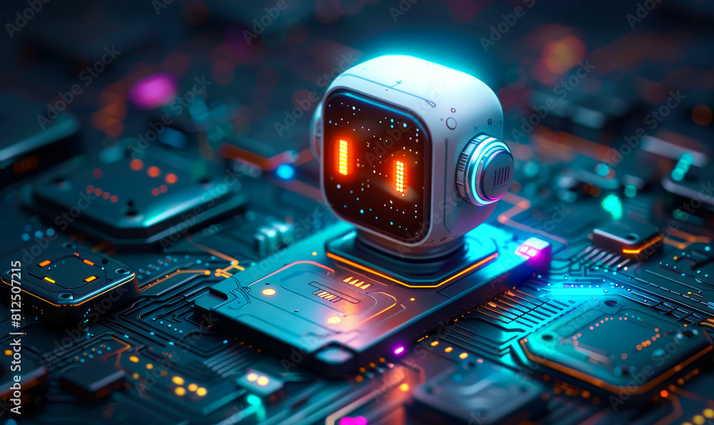 Poster futuristic ai chatbot interface on advanced computer motherboard: high-tech concept illustration for