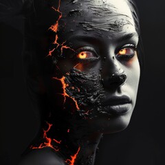 Fototapeta premium Portrait of a fictional woman. A mixture of lava and man. Double exposure. Abstract image of a woman. Passion and strength.