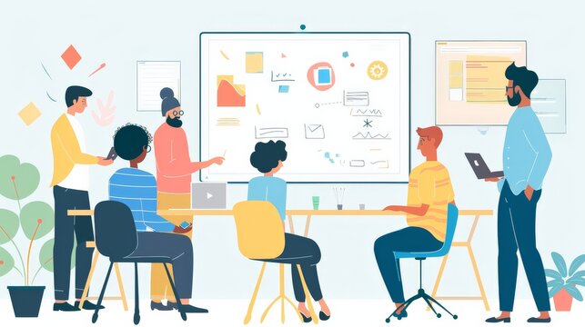 Diverse group of people working together in a modern office space.