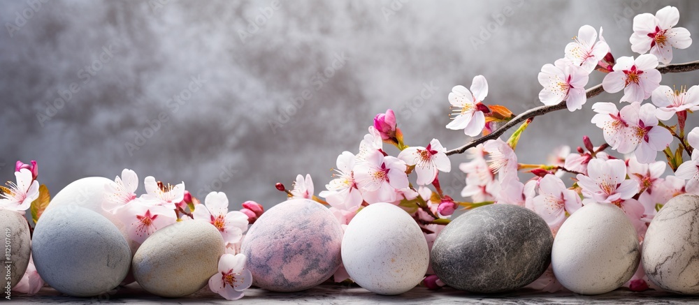 Poster a stone background with cherry blossom flowers and easter eggs creating a beautiful image good for b