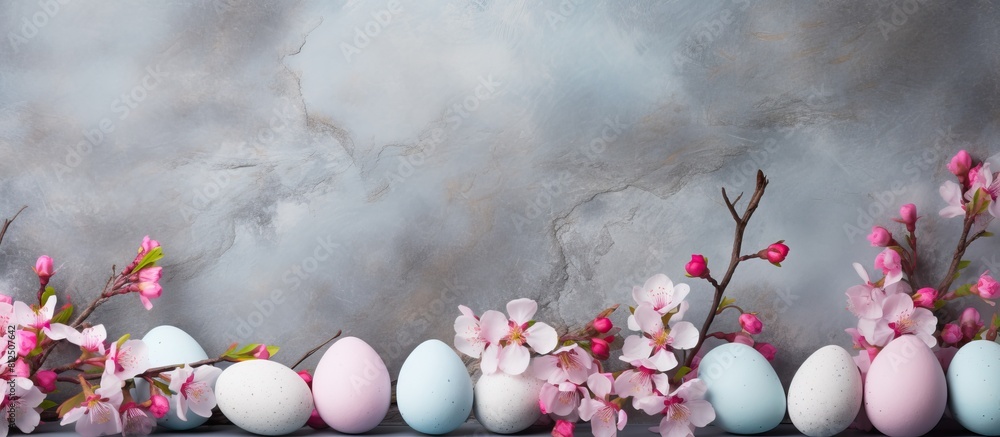 Aufkleber a stone background with cherry blossom flowers and easter eggs creating a beautiful image good for b
