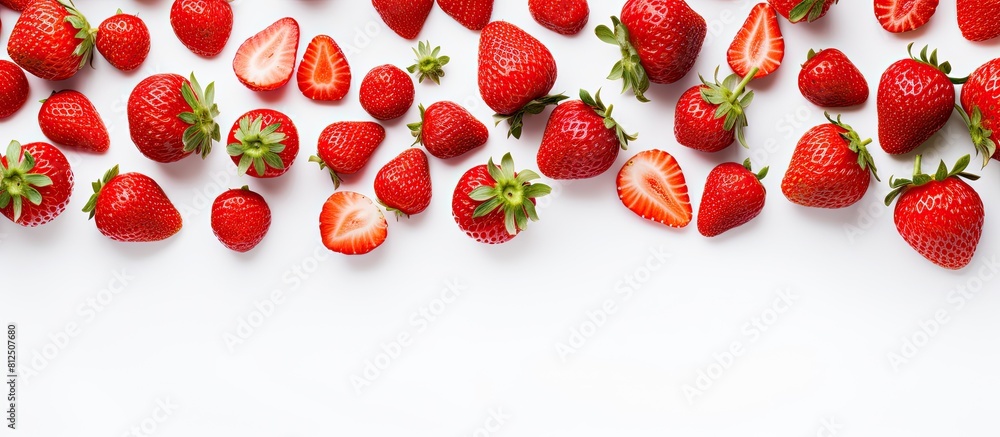 Poster Top view of strawberries positioned on a white background featuring ample copy space for text The layout showcases a flat lay pattern