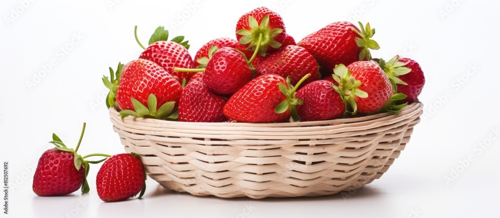 Poster Strawberries arranged in a wicker basket on a white background creating copy space for an image