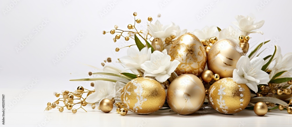 Poster A stunning table arrangement showcasing golden Easter eggs against a pristine white backdrop perfect for adding a touch of elegance to any occasion copy space image
