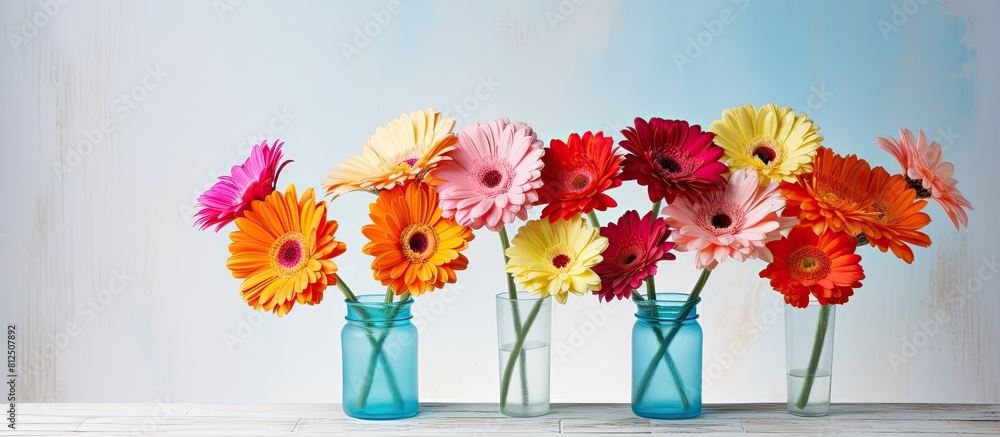 Poster A stunning arrangement of vibrant gerbera flowers sits gracefully in a vase on a white marble table set against a soft light blue backdrop Ample space is available for adding text to the image