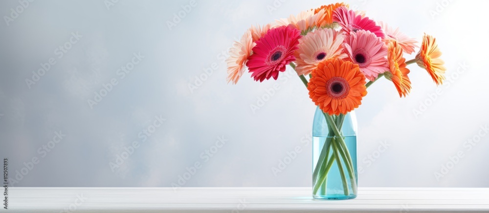 Poster A stunning arrangement of vibrant gerbera flowers sits gracefully in a vase on a white marble table set against a soft light blue backdrop Ample space is available for adding text to the image