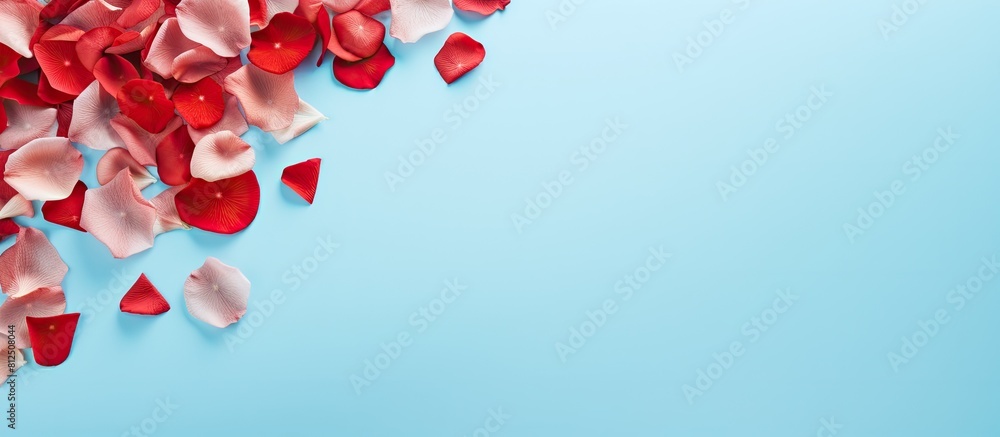 Poster a stunning flat lay of red rose flower petals on a light blue background with ample space for text