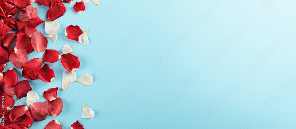 Poster a stunning flat lay of red rose flower petals on a light blue background with ample space for text