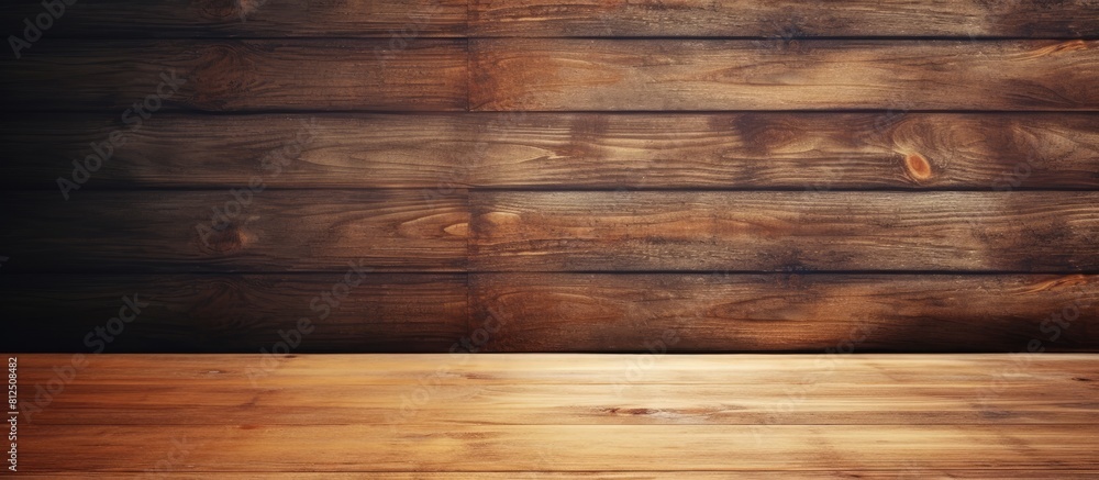 Poster A vintage style wooden table top is placed on a wooden plank background with empty space available for text or images. Creative banner. Copyspace image